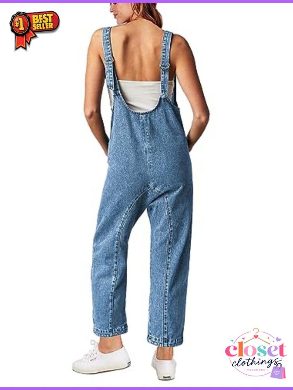 High Roller Denim Jumpsuit Sleeveless Loose Baggy Overalls with Pockets